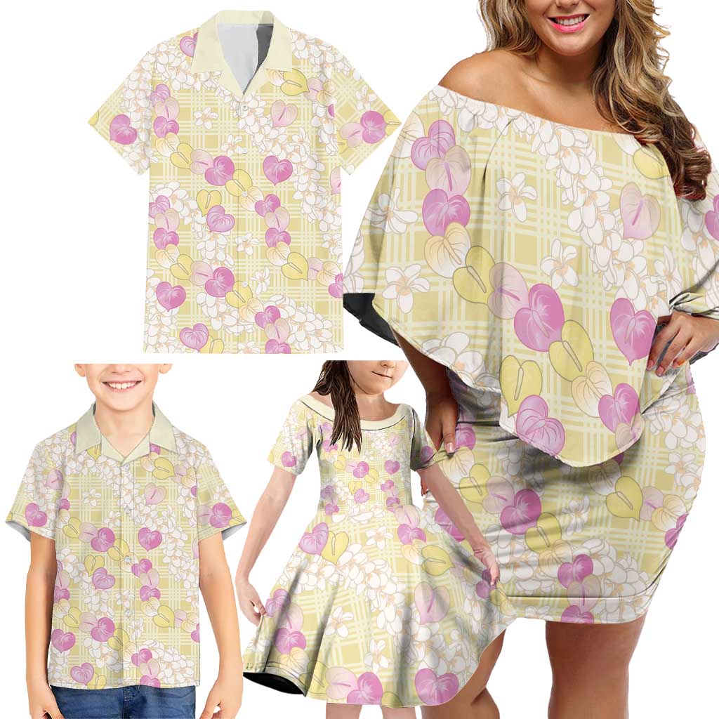 Anthurium Plumeria Lei Pastel Family Matching Off Shoulder Short Dress and Hawaiian Shirt Yellow Hawaiian Splendid Palaka