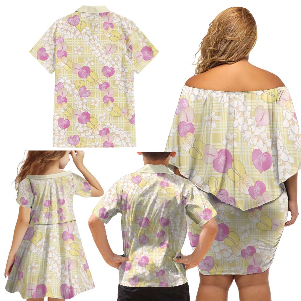 Anthurium Plumeria Lei Pastel Family Matching Off Shoulder Short Dress and Hawaiian Shirt Yellow Hawaiian Splendid Palaka