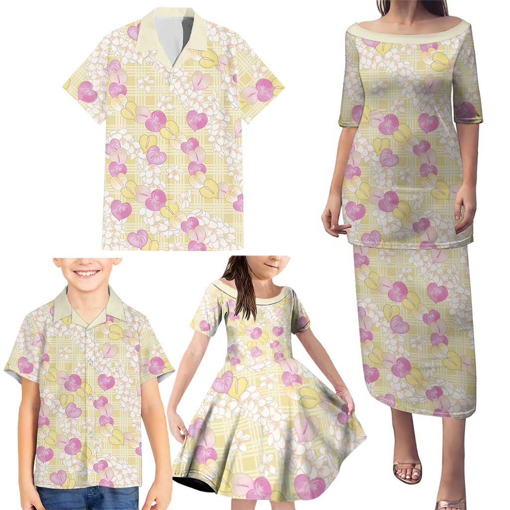 Anthurium Plumeria Lei Pastel Family Matching Puletasi and Hawaiian Shirt Yellow Hawaiian Splendid Palaka