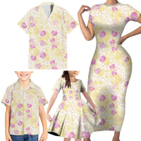 Anthurium Plumeria Lei Pastel Family Matching Short Sleeve Bodycon Dress and Hawaiian Shirt Yellow Hawaiian Splendid Palaka