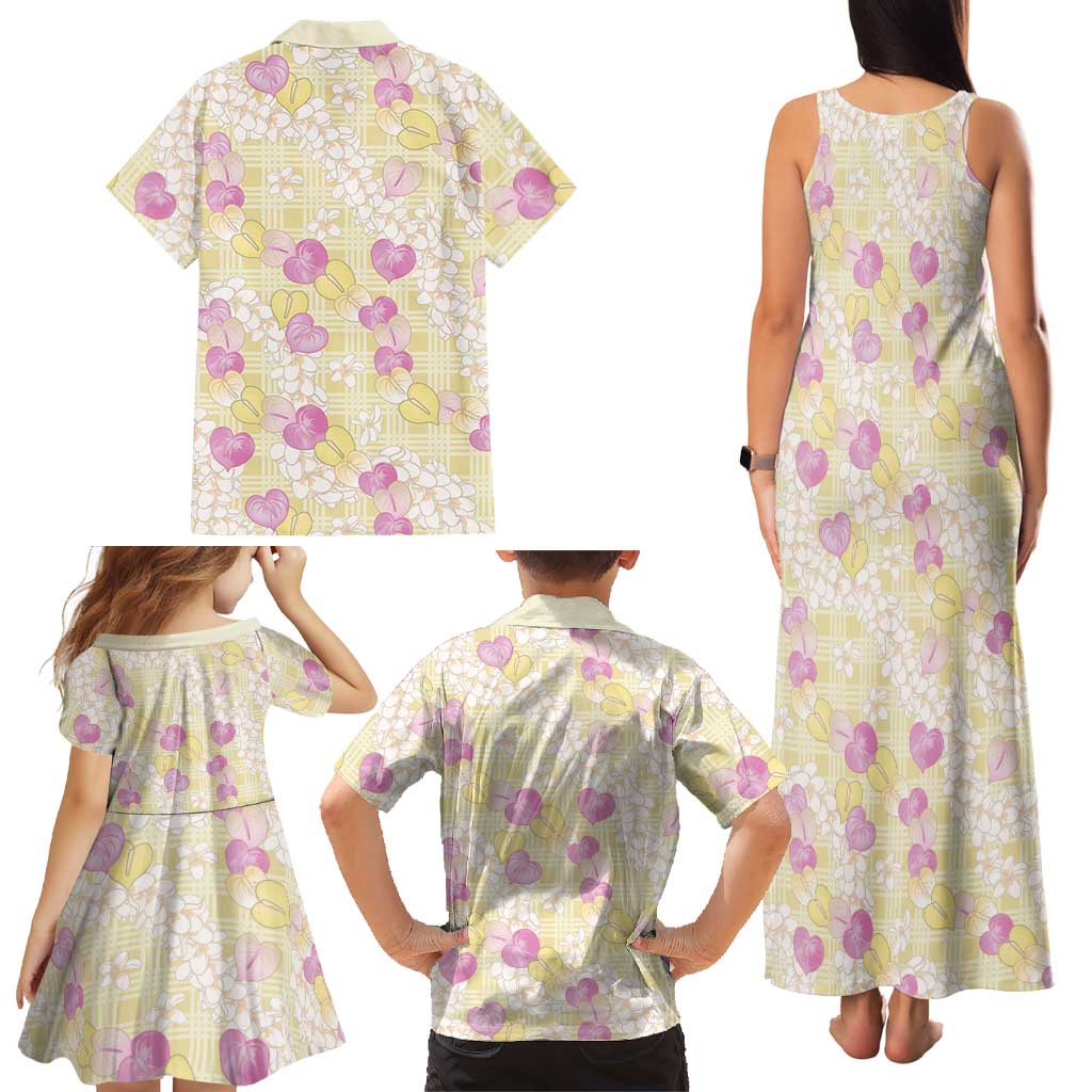 Anthurium Plumeria Lei Pastel Family Matching Tank Maxi Dress and Hawaiian Shirt Yellow Hawaiian Splendid Palaka