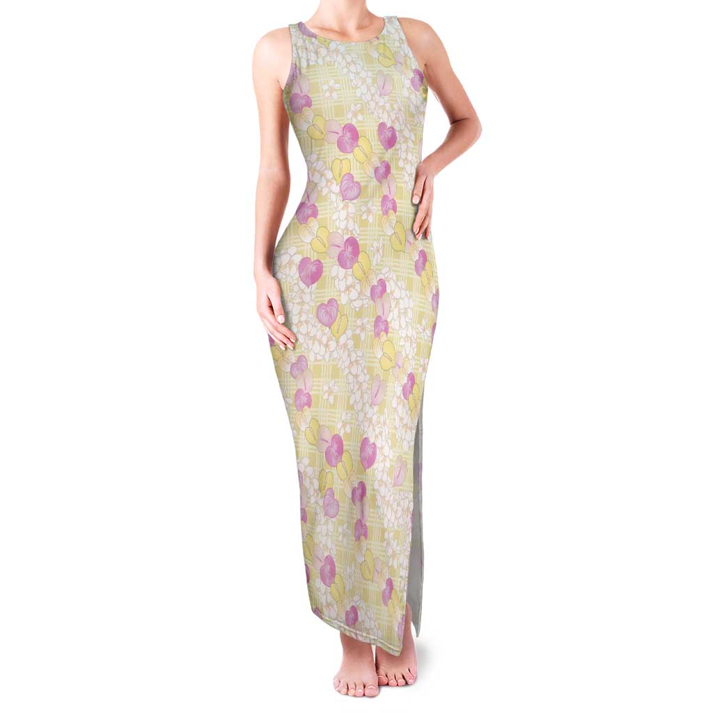 Anthurium Plumeria Lei Pastel Family Matching Tank Maxi Dress and Hawaiian Shirt Yellow Hawaiian Splendid Palaka