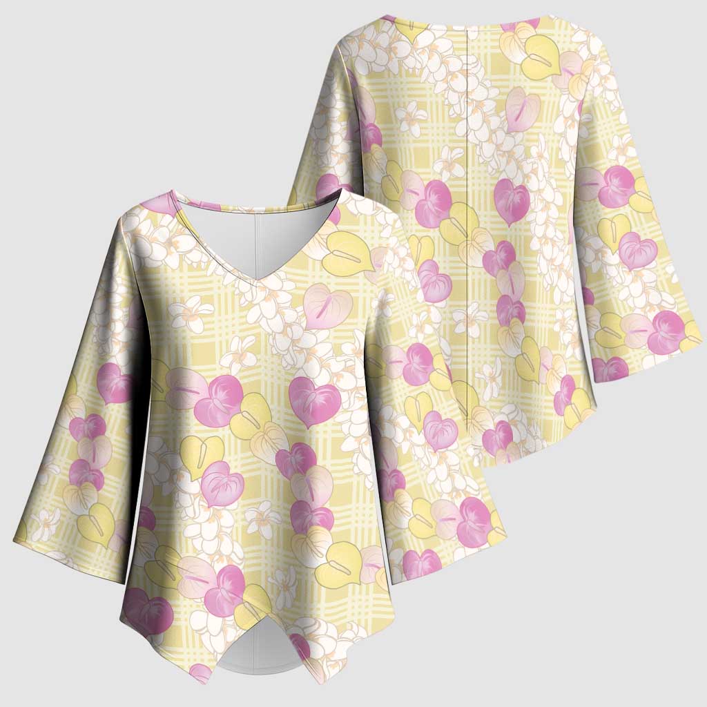Anthurium Plumeria Lei Pastel Kimono Sleeve Blouse Yellow Hawaiian Splendid Palaka