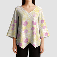 Anthurium Plumeria Lei Pastel Kimono Sleeve Blouse Yellow Hawaiian Splendid Palaka