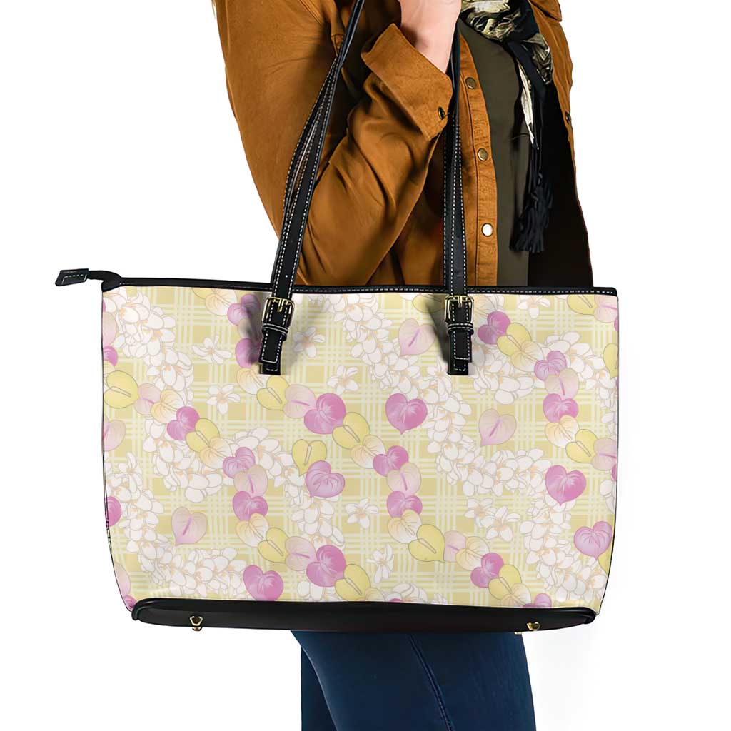 Anthurium Plumeria Lei Pastel Leather Tote Bag Yellow Hawaiian Splendid Palaka