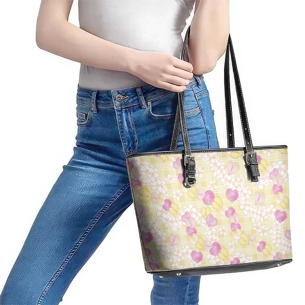 Anthurium Plumeria Lei Pastel Leather Tote Bag Yellow Hawaiian Splendid Palaka