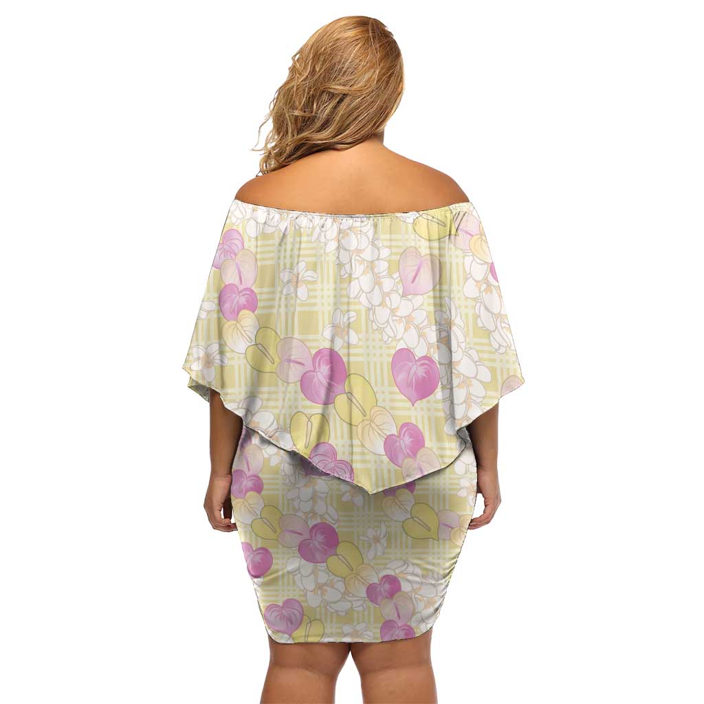 Anthurium Plumeria Lei Pastel Off Shoulder Short Dress Yellow Hawaiian Splendid Palaka