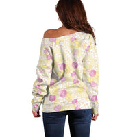 Anthurium Plumeria Lei Pastel Off Shoulder Sweater Yellow Hawaiian Splendid Palaka LT01 - Polynesian Pride