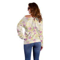 Anthurium Plumeria Lei Pastel Off Shoulder Sweater Yellow Hawaiian Splendid Palaka LT01 - Polynesian Pride