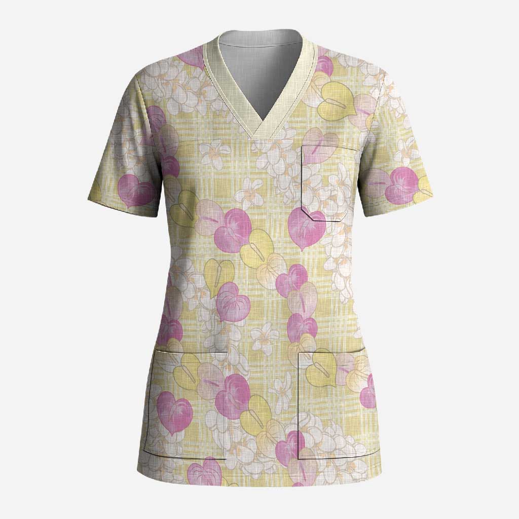 Anthurium Plumeria Lei Pastel Scrub Top Yellow Hawaiian Splendid Palaka