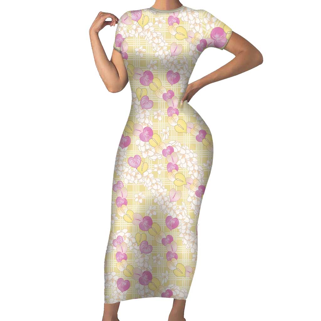 Anthurium Plumeria Lei Pastel Short Sleeve Bodycon Dress Yellow Hawaiian Splendid Palaka LT01 Long Dress Yellow - Polynesian Pride