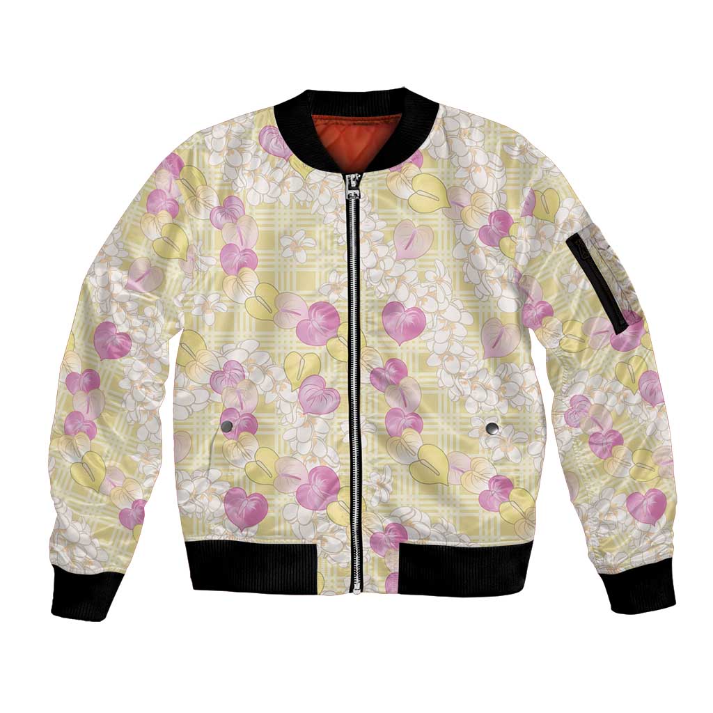 Anthurium Plumeria Lei Pastel Sleeve Zip Bomber Jacket Yellow Hawaiian Splendid Palaka LT01 Unisex Yellow - Polynesian Pride