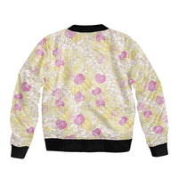 Anthurium Plumeria Lei Pastel Sleeve Zip Bomber Jacket Yellow Hawaiian Splendid Palaka LT01 - Polynesian Pride
