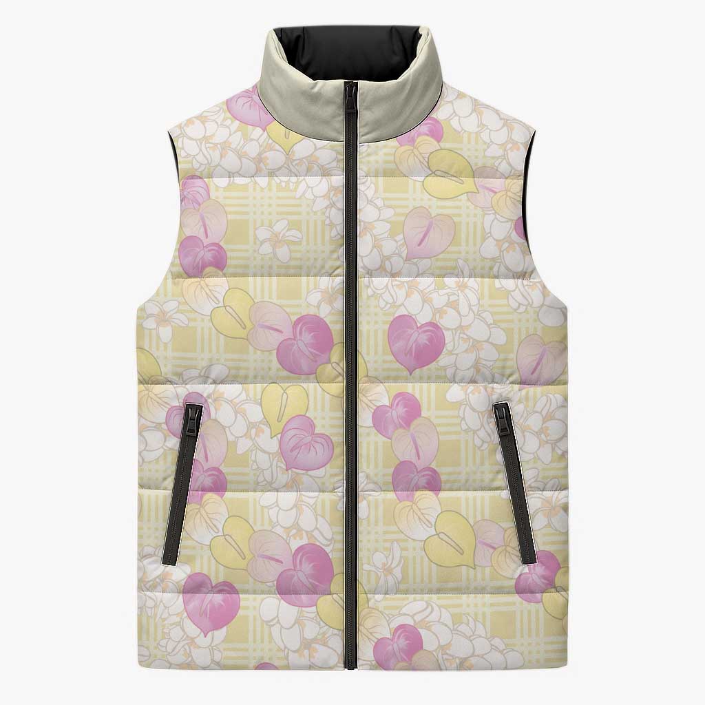 Anthurium Plumeria Lei Pastel Sleeveless Puffer Jacket Yellow Hawaiian Splendid Palaka LT01 Unisex Yellow - Polynesian Pride
