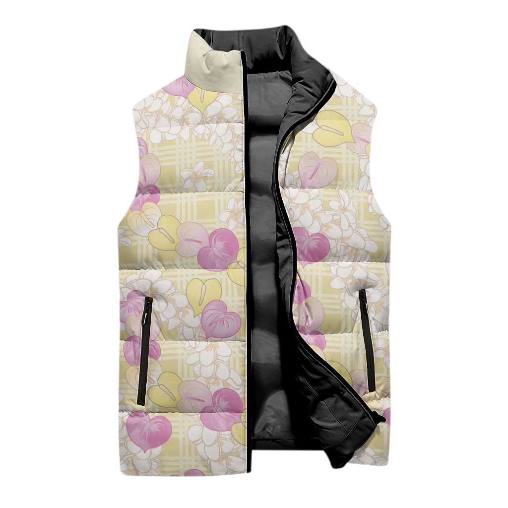 Anthurium Plumeria Lei Pastel Sleeveless Puffer Jacket Yellow Hawaiian Splendid Palaka LT01 - Polynesian Pride