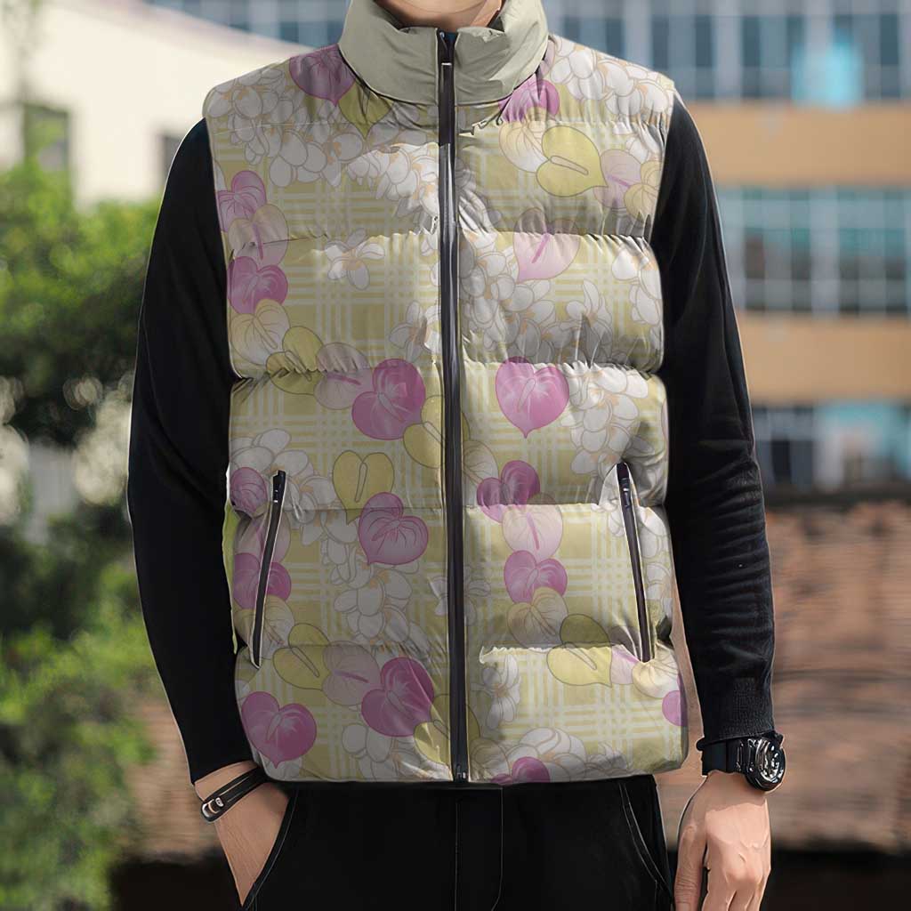 Anthurium Plumeria Lei Pastel Sleeveless Puffer Jacket Yellow Hawaiian Splendid Palaka LT01 - Polynesian Pride
