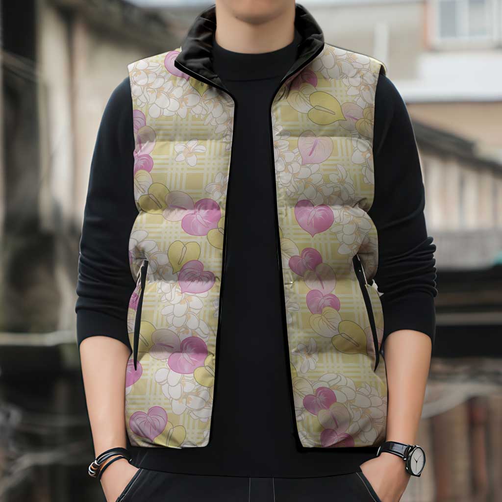 Anthurium Plumeria Lei Pastel Sleeveless Puffer Jacket Yellow Hawaiian Splendid Palaka LT01 - Polynesian Pride