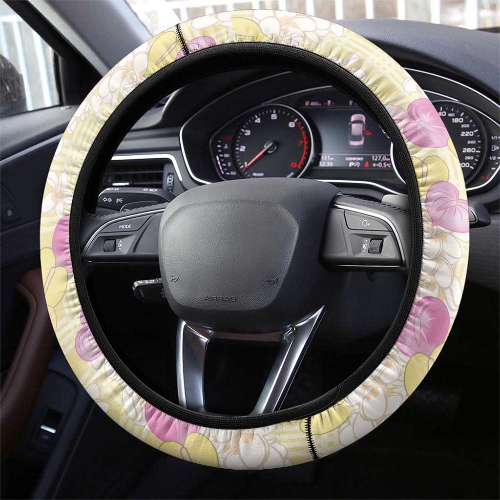 Anthurium Plumeria Lei Pastel Steering Wheel Cover Yellow Hawaiian Splendid Palaka LT01 - Polynesian Pride