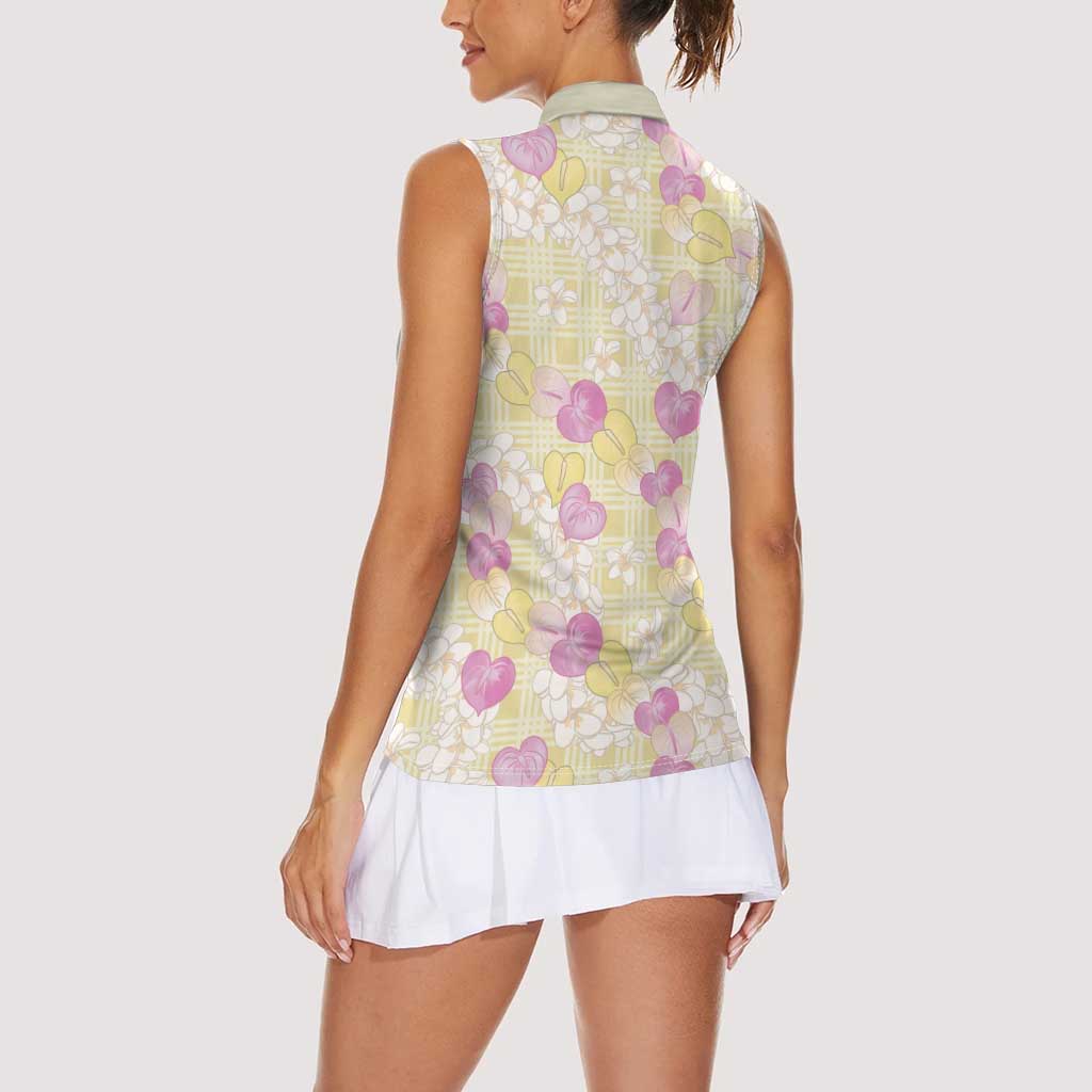 Anthurium Plumeria Lei Pastel Women Sleeveless Polo Shirt Yellow Hawaiian Splendid Palaka