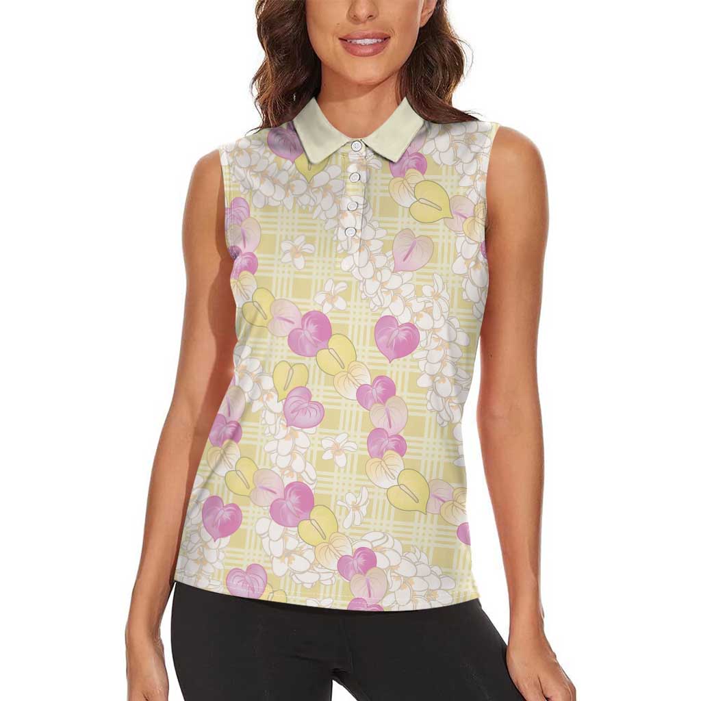 Anthurium Plumeria Lei Pastel Women Sleeveless Polo Shirt Yellow Hawaiian Splendid Palaka