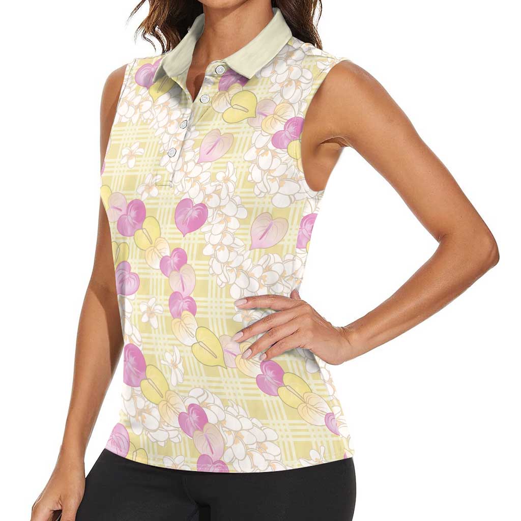 Anthurium Plumeria Lei Pastel Women Sleeveless Polo Shirt Yellow Hawaiian Splendid Palaka
