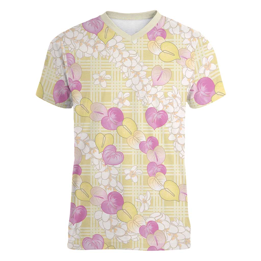 Anthurium Plumeria Lei Pastel Women V-Neck T-Shirt Yellow Hawaiian Splendid Palaka