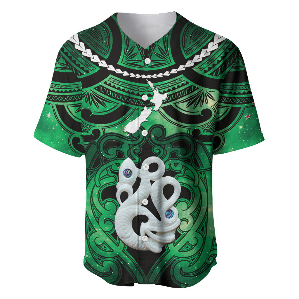 Personalised Maori Matariki Manaia Kakariki Baseball Jersey Maori Kowhaiwhai Pattern Galaxy LT01 Green - Polynesian Pride