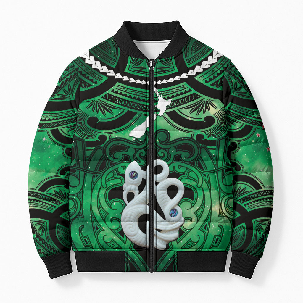 Personalised Maori Matariki Manaia Kakariki Bomber Puffer Jacket Maori Kowhaiwhai Pattern Galaxy LT01 Unisex Green - Polynesian Pride