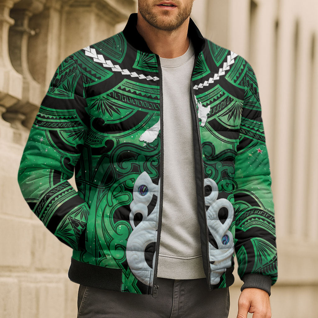 Personalised Maori Matariki Manaia Kakariki Bomber Puffer Jacket Maori Kowhaiwhai Pattern Galaxy LT01 - Polynesian Pride