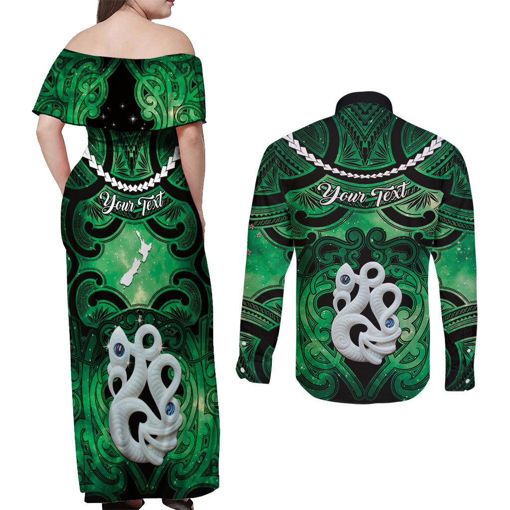 Personalised Maori Matariki Manaia Kakariki Couples Matching Off Shoulder Maxi Dress and Long Sleeve Button Shirt Maori Kowhaiwhai Pattern Galaxy