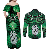 Personalised Maori Matariki Manaia Kakariki Couples Matching Off Shoulder Maxi Dress and Long Sleeve Button Shirt Maori Kowhaiwhai Pattern Galaxy