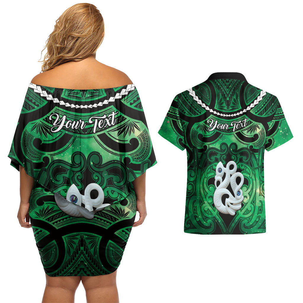 Personalised Maori Matariki Manaia Kakariki Couples Matching Off Shoulder Short Dress and Hawaiian Shirt Maori Kowhaiwhai Pattern Galaxy