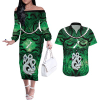 Personalised Maori Matariki Manaia Kakariki Couples Matching Off The Shoulder Long Sleeve Dress and Hawaiian Shirt Maori Kowhaiwhai Pattern Galaxy