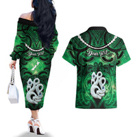 Personalised Maori Matariki Manaia Kakariki Couples Matching Off The Shoulder Long Sleeve Dress and Hawaiian Shirt Maori Kowhaiwhai Pattern Galaxy