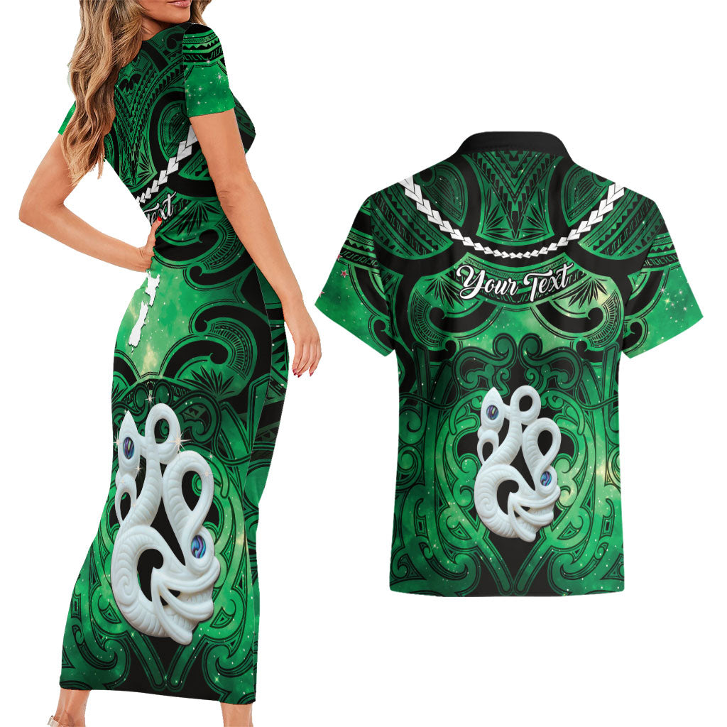 Personalised Maori Matariki Manaia Kakariki Couples Matching Short Sleeve Bodycon Dress and Hawaiian Shirt Maori Kowhaiwhai Pattern Galaxy