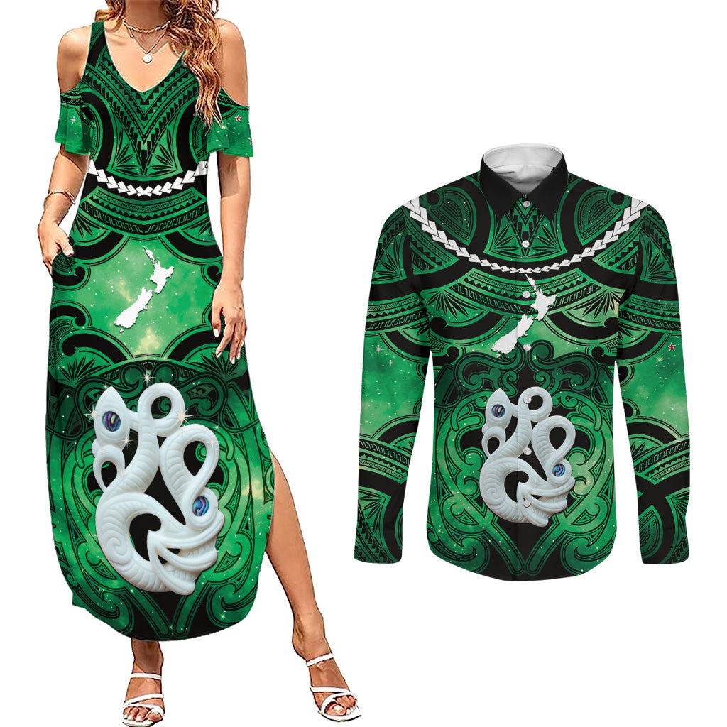 Personalised Maori Matariki Manaia Kakariki Couples Matching Summer Maxi Dress and Long Sleeve Button Shirt Maori Kowhaiwhai Pattern Galaxy