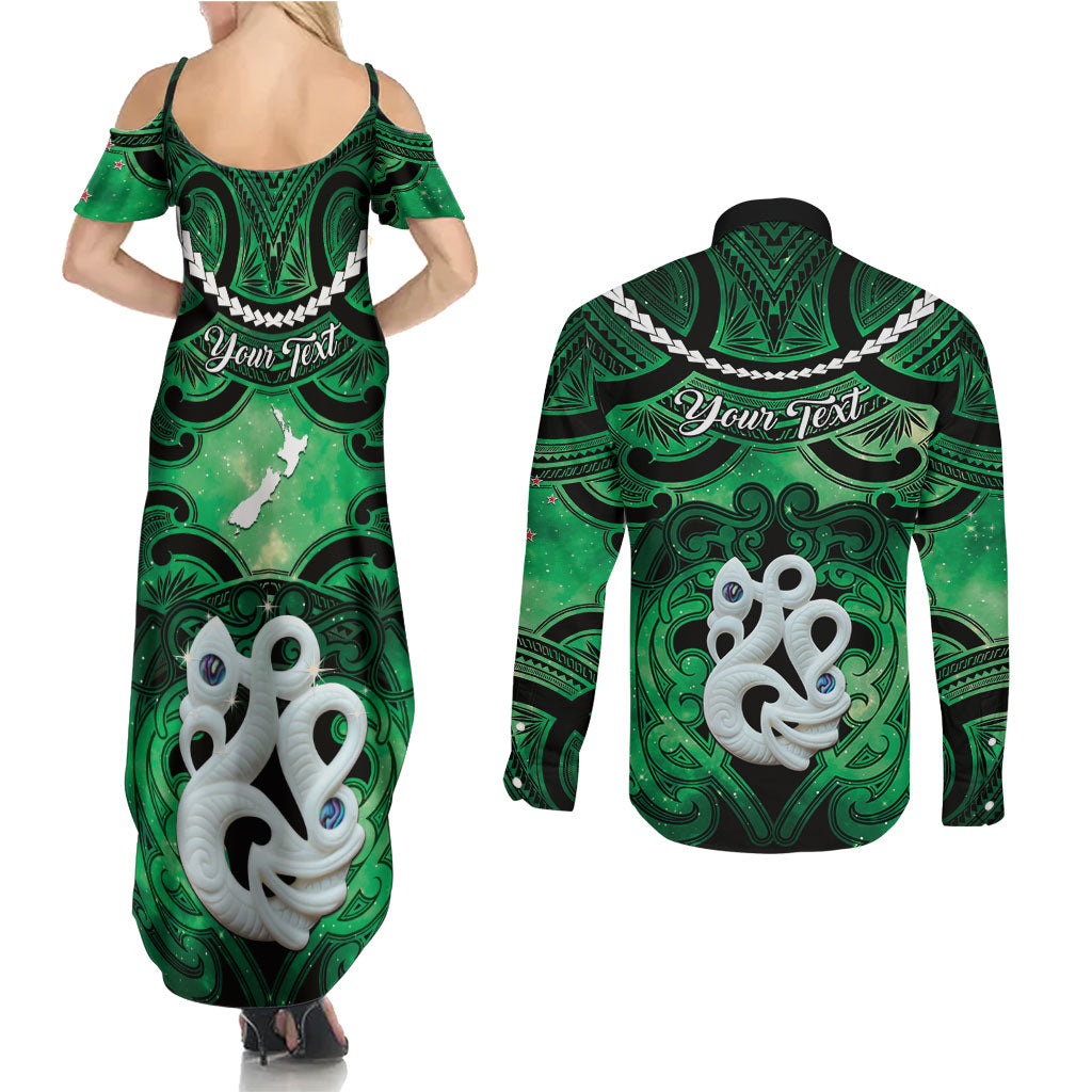 Personalised Maori Matariki Manaia Kakariki Couples Matching Summer Maxi Dress and Long Sleeve Button Shirt Maori Kowhaiwhai Pattern Galaxy