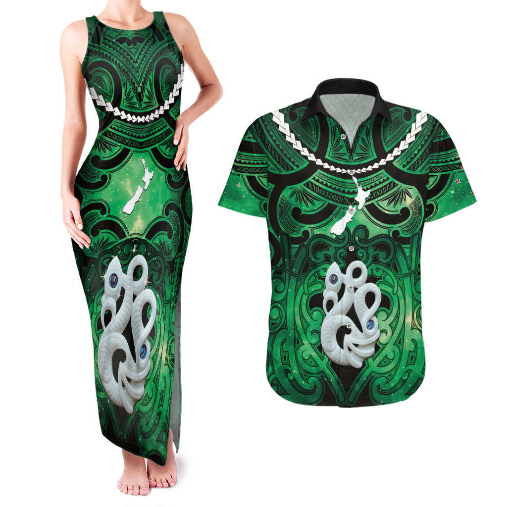 Personalised Maori Matariki Manaia Kakariki Couples Matching Tank Maxi Dress and Hawaiian Shirt Maori Kowhaiwhai Pattern Galaxy
