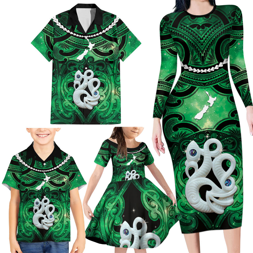 Personalised Maori Matariki Manaia Kakariki Family Matching Long Sleeve Bodycon Dress and Hawaiian Shirt Maori Kowhaiwhai Pattern Galaxy
