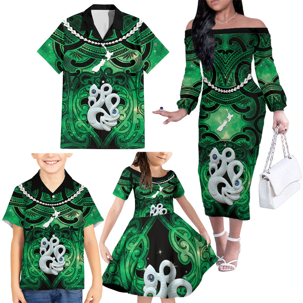 Personalised Maori Matariki Manaia Kakariki Family Matching Off The Shoulder Long Sleeve Dress and Hawaiian Shirt Maori Kowhaiwhai Pattern Galaxy