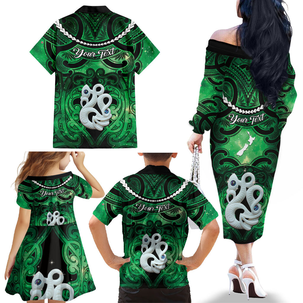 Personalised Maori Matariki Manaia Kakariki Family Matching Off The Shoulder Long Sleeve Dress and Hawaiian Shirt Maori Kowhaiwhai Pattern Galaxy