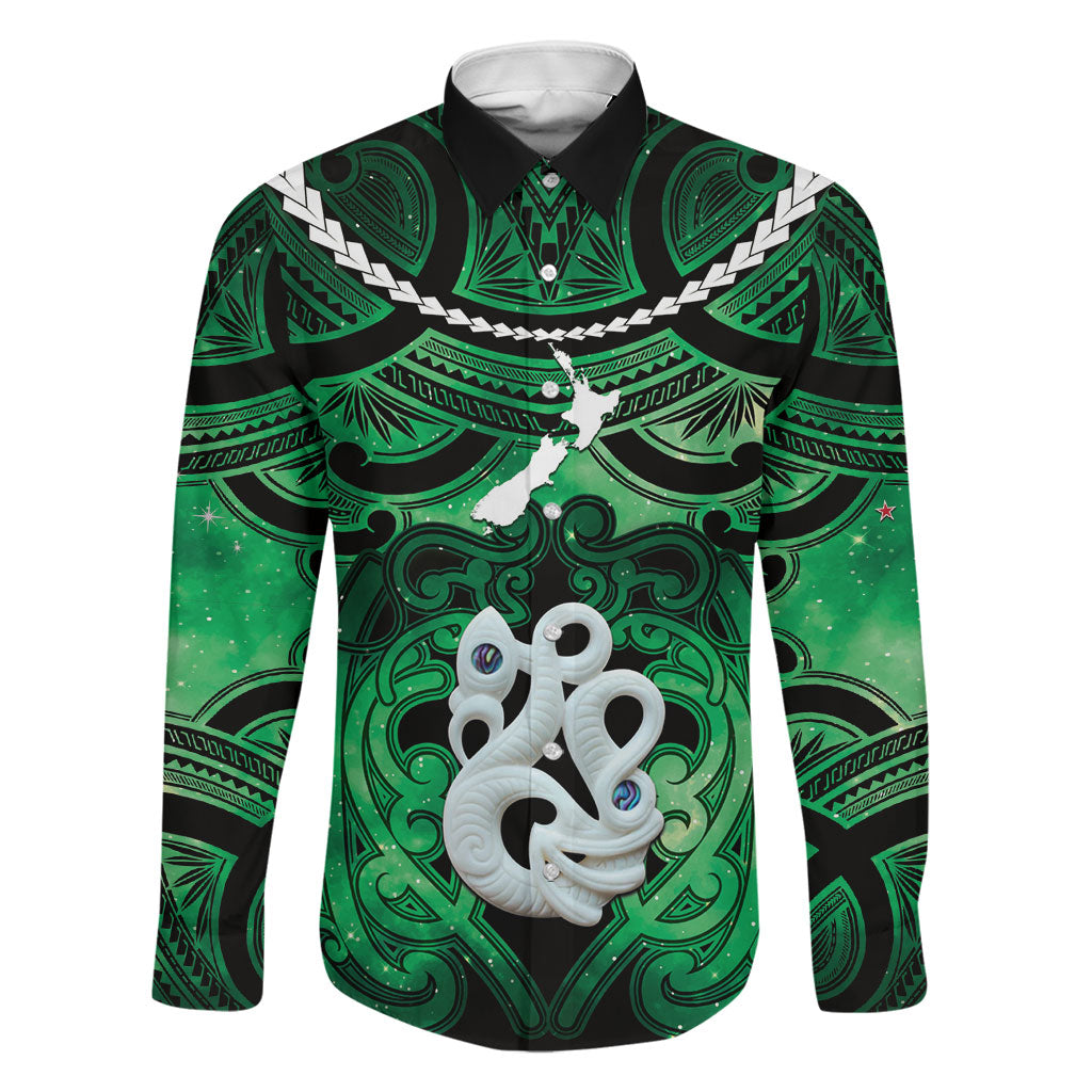 Personalised Maori Matariki Manaia Kakariki Family Matching Off The Shoulder Long Sleeve Dress and Hawaiian Shirt Maori Kowhaiwhai Pattern Galaxy