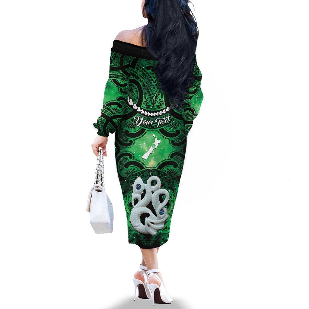 Personalised Maori Matariki Manaia Kakariki Family Matching Off The Shoulder Long Sleeve Dress and Hawaiian Shirt Maori Kowhaiwhai Pattern Galaxy