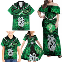 Personalised Maori Matariki Manaia Kakariki Family Matching Off Shoulder Maxi Dress and Hawaiian Shirt Maori Kowhaiwhai Pattern Galaxy