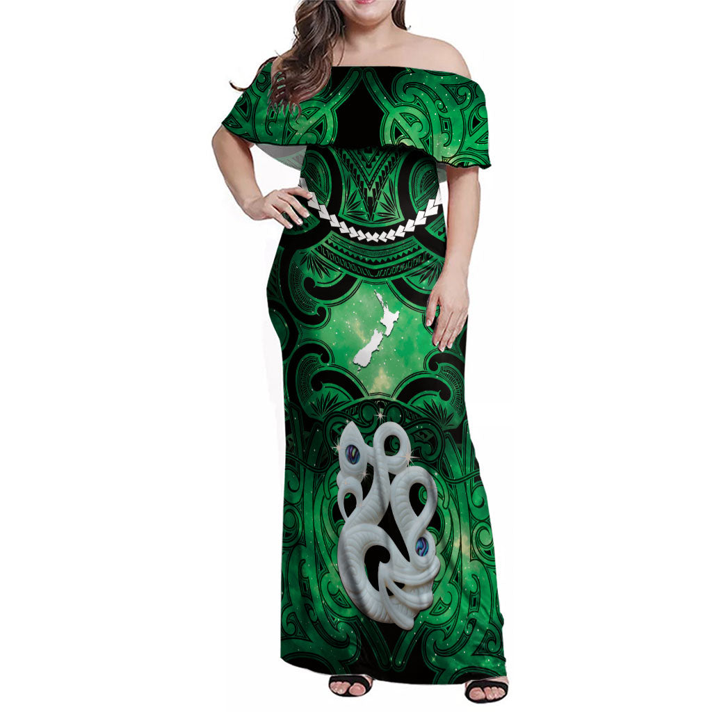 Personalised Maori Matariki Manaia Kakariki Family Matching Off Shoulder Maxi Dress and Hawaiian Shirt Maori Kowhaiwhai Pattern Galaxy