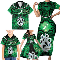 Personalised Maori Matariki Manaia Kakariki Family Matching Short Sleeve Bodycon Dress and Hawaiian Shirt Maori Kowhaiwhai Pattern Galaxy