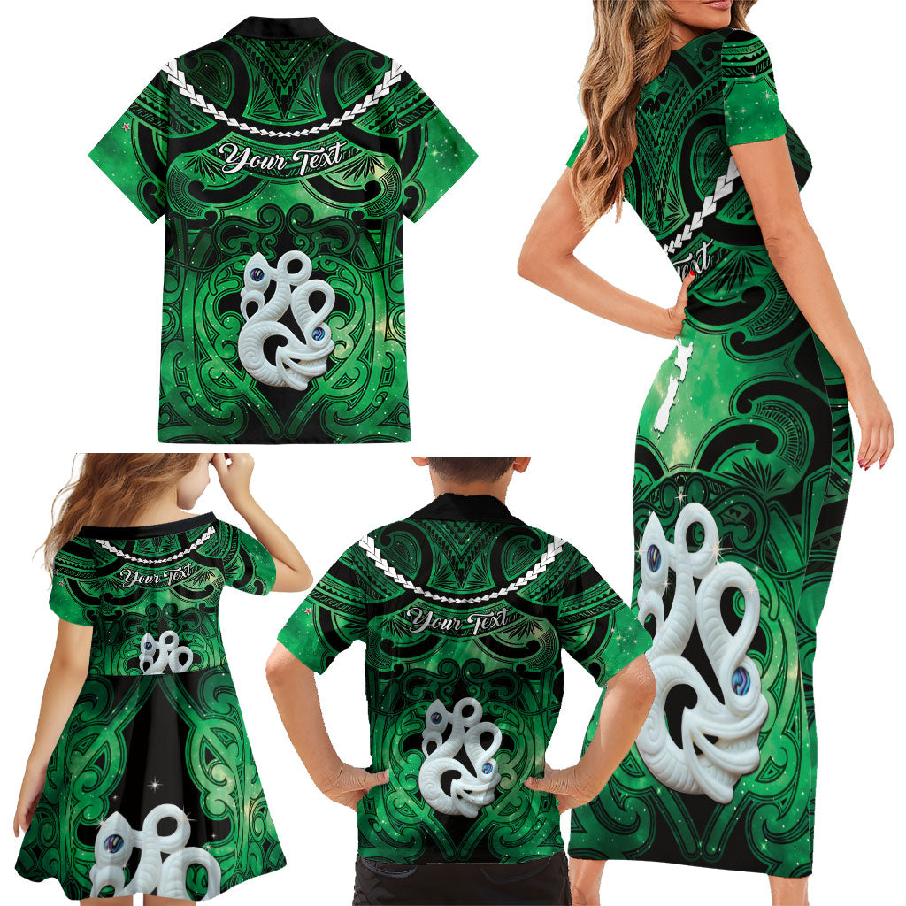 Personalised Maori Matariki Manaia Kakariki Family Matching Short Sleeve Bodycon Dress and Hawaiian Shirt Maori Kowhaiwhai Pattern Galaxy