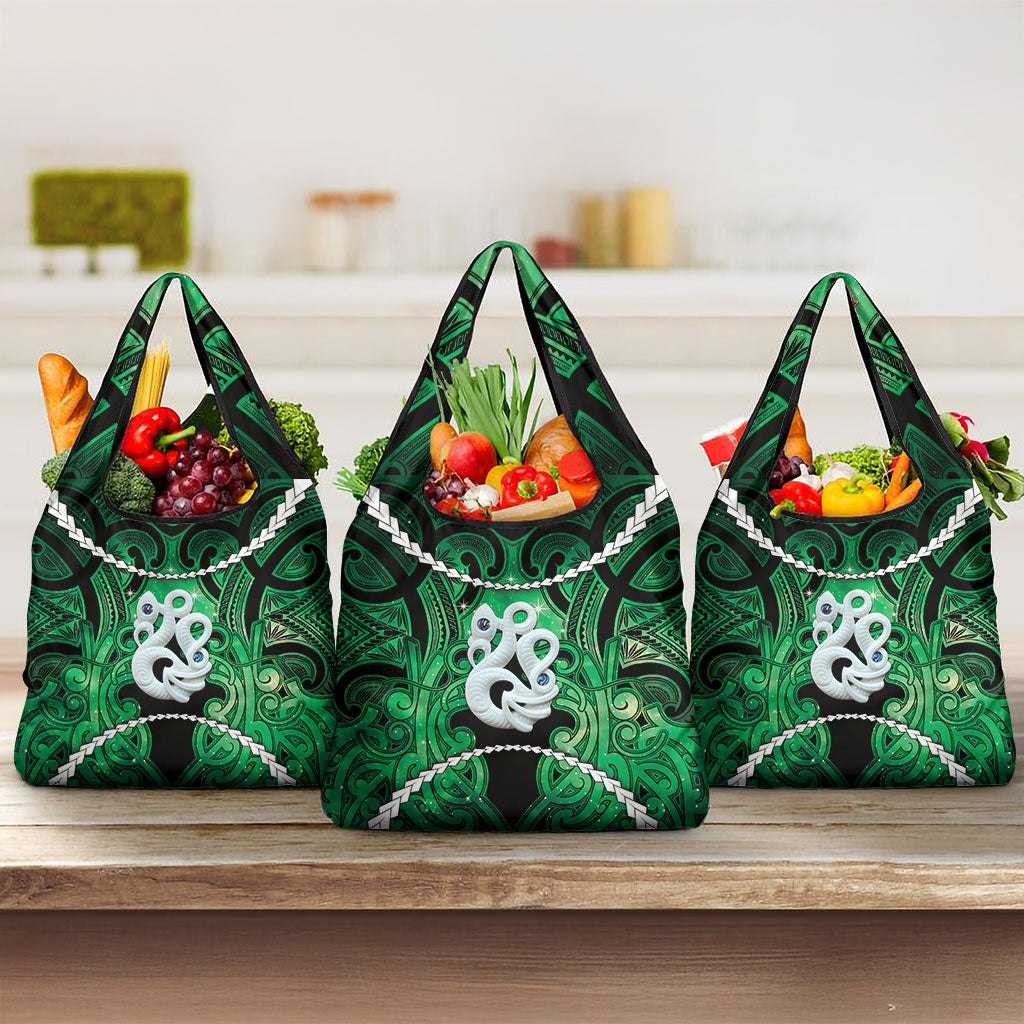 Maori Matariki Manaia Kakariki Grocery Bag Maori Kowhaiwhai Pattern Galaxy LT01 3-pack One Size Green - Polynesian Pride