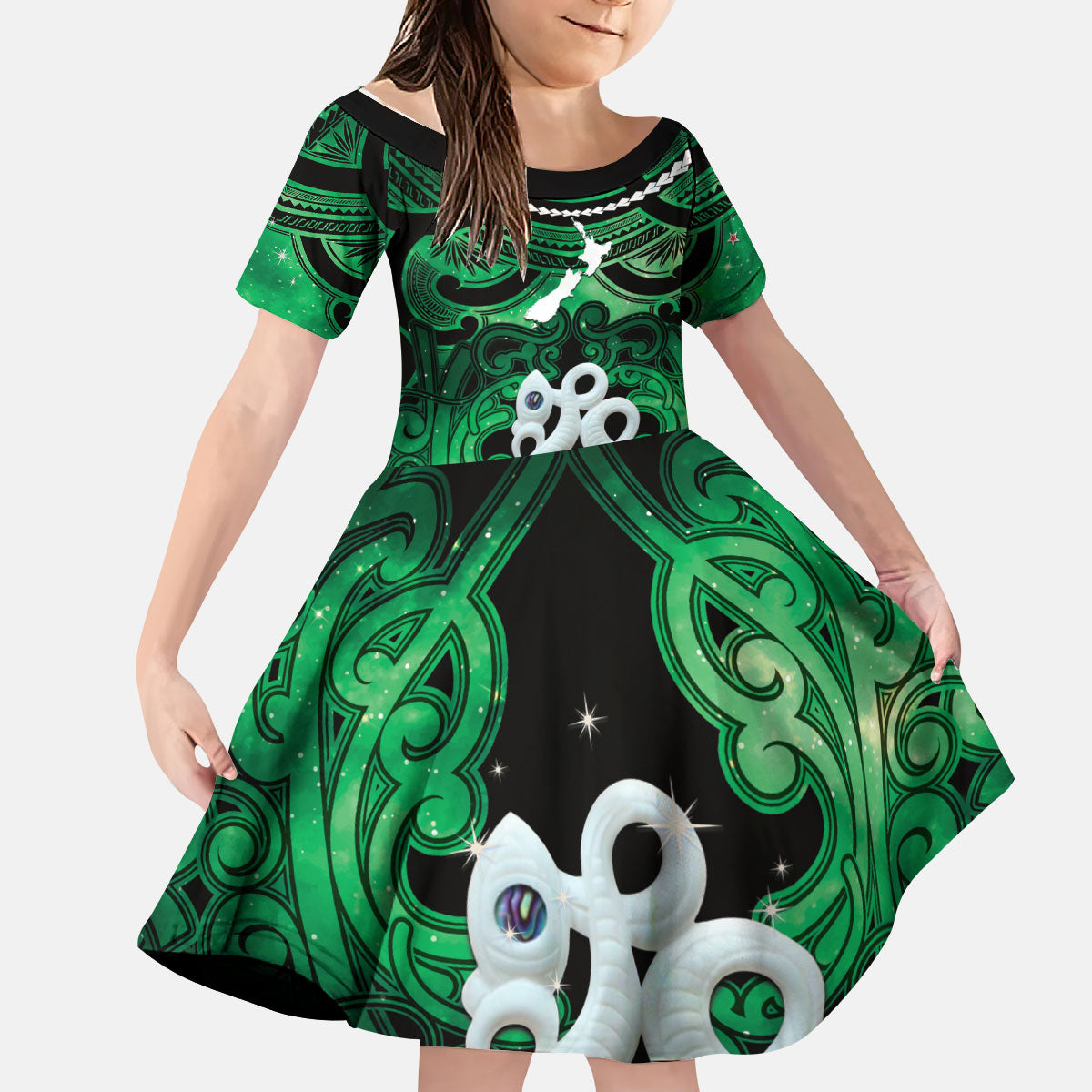 Personalised Maori Matariki Manaia Kakariki Kid Short Sleeve Dress Maori Kowhaiwhai Pattern Galaxy LT01 KID Green - Polynesian Pride