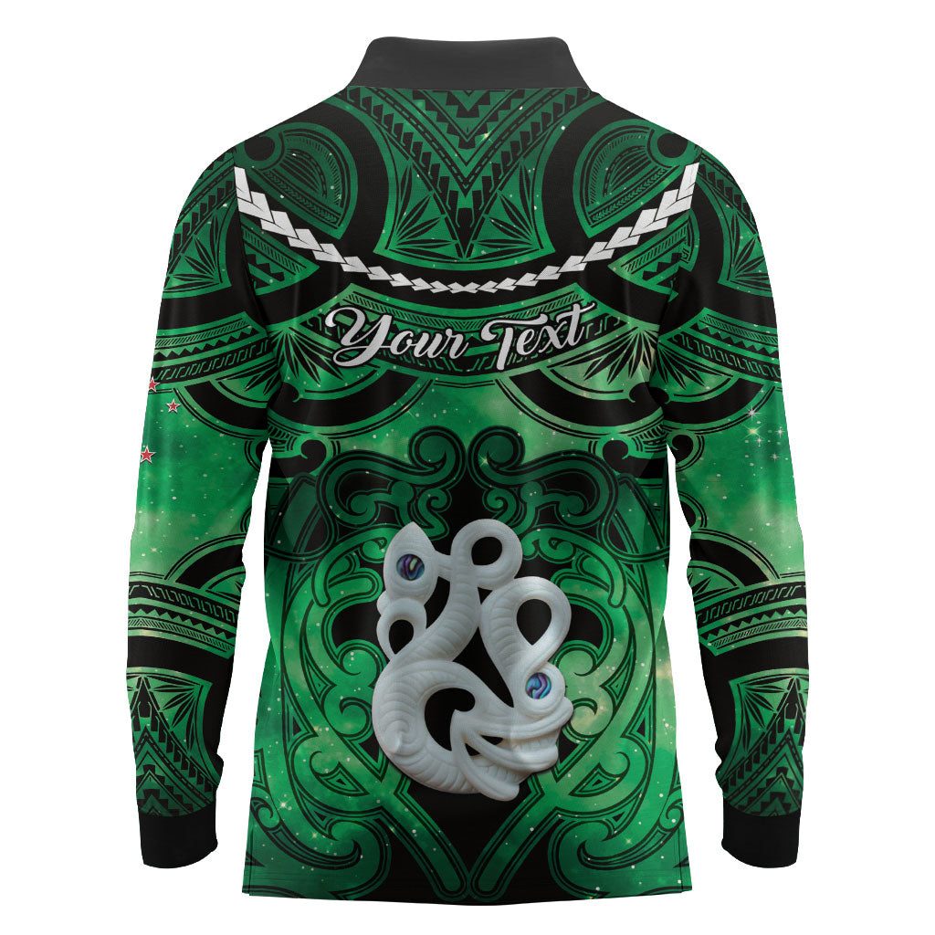Personalised Maori Matariki Manaia Kakariki Long Sleeve Polo Shirt Maori Kowhaiwhai Pattern Galaxy